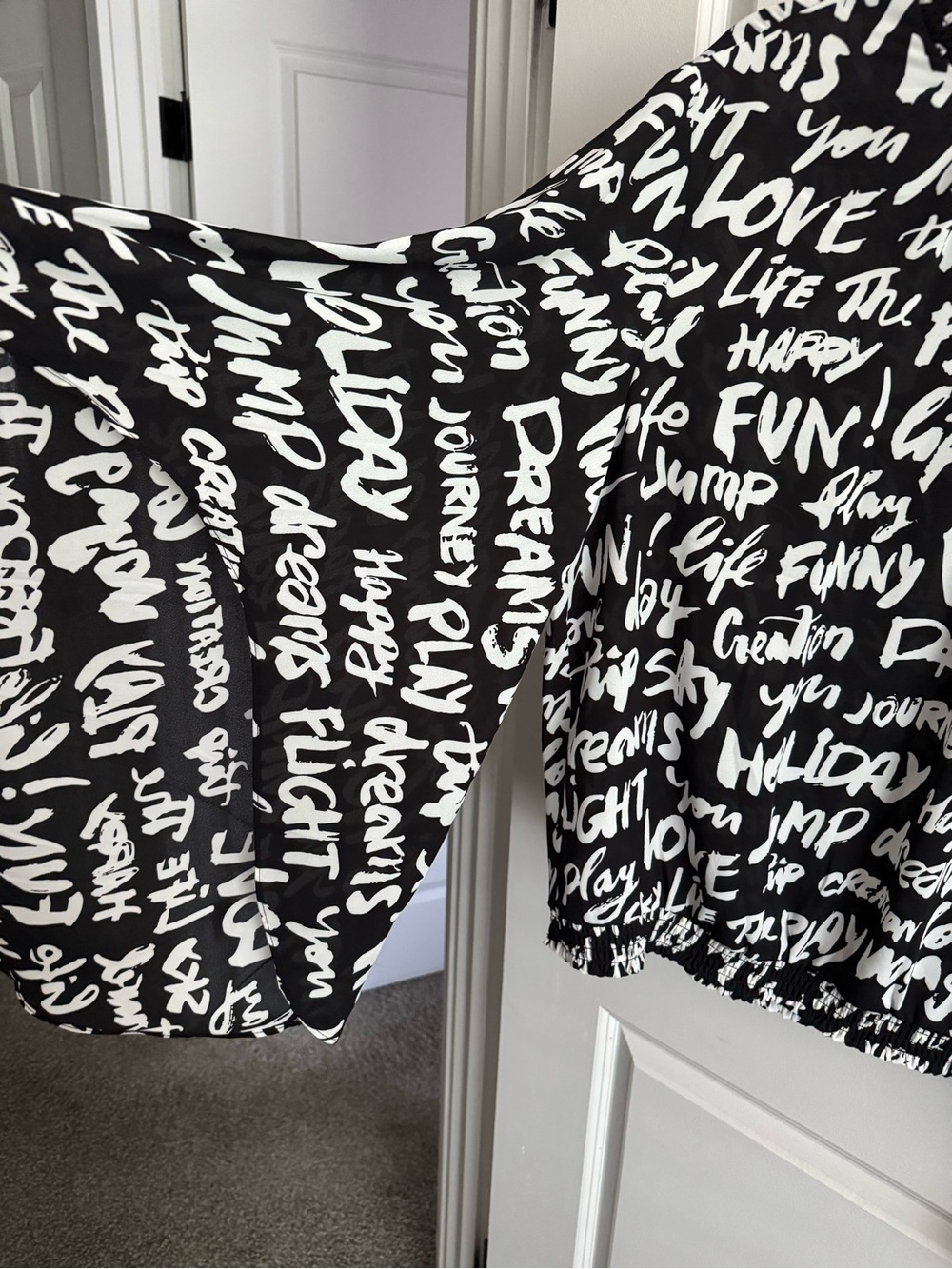 New York & Company Black and White Script-Print Long-Sleeve Top - Picture 3 of 3
